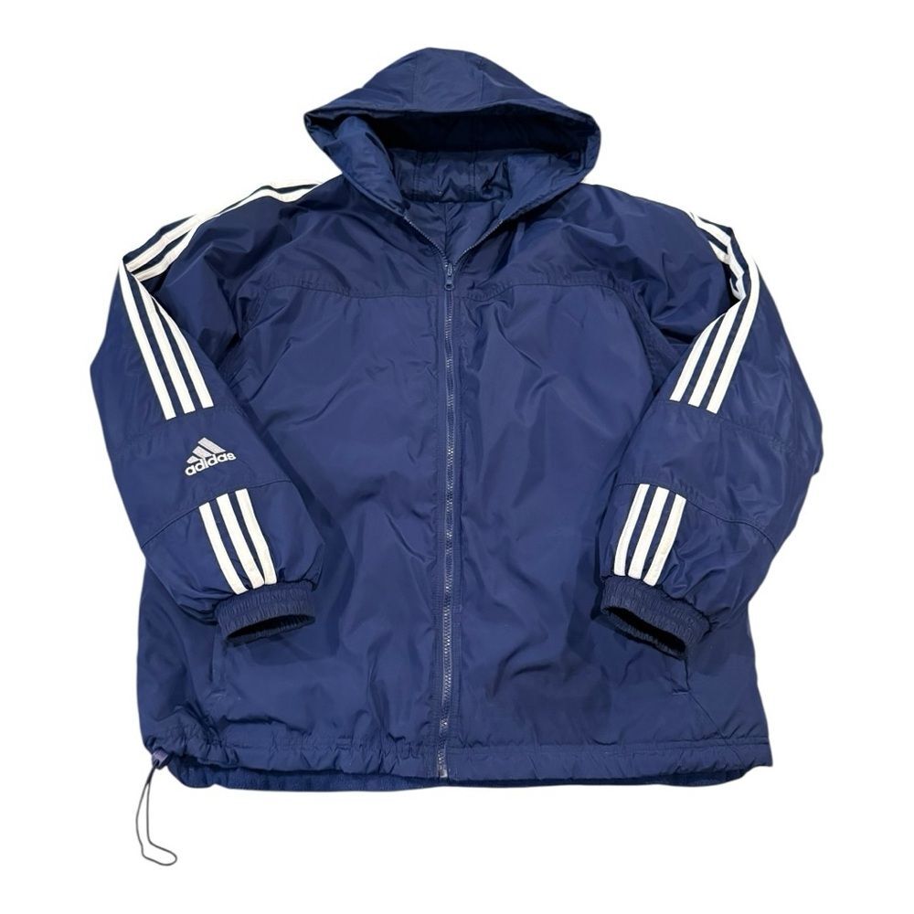 Vintage Adidas Reversible Full Zip Men’s Blue Hooded Jacket White Stripes Sz L